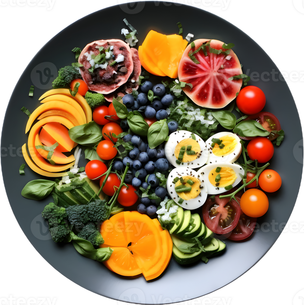 a-plate-of-vegetables-and-fruit-on-a-transparent-background-png